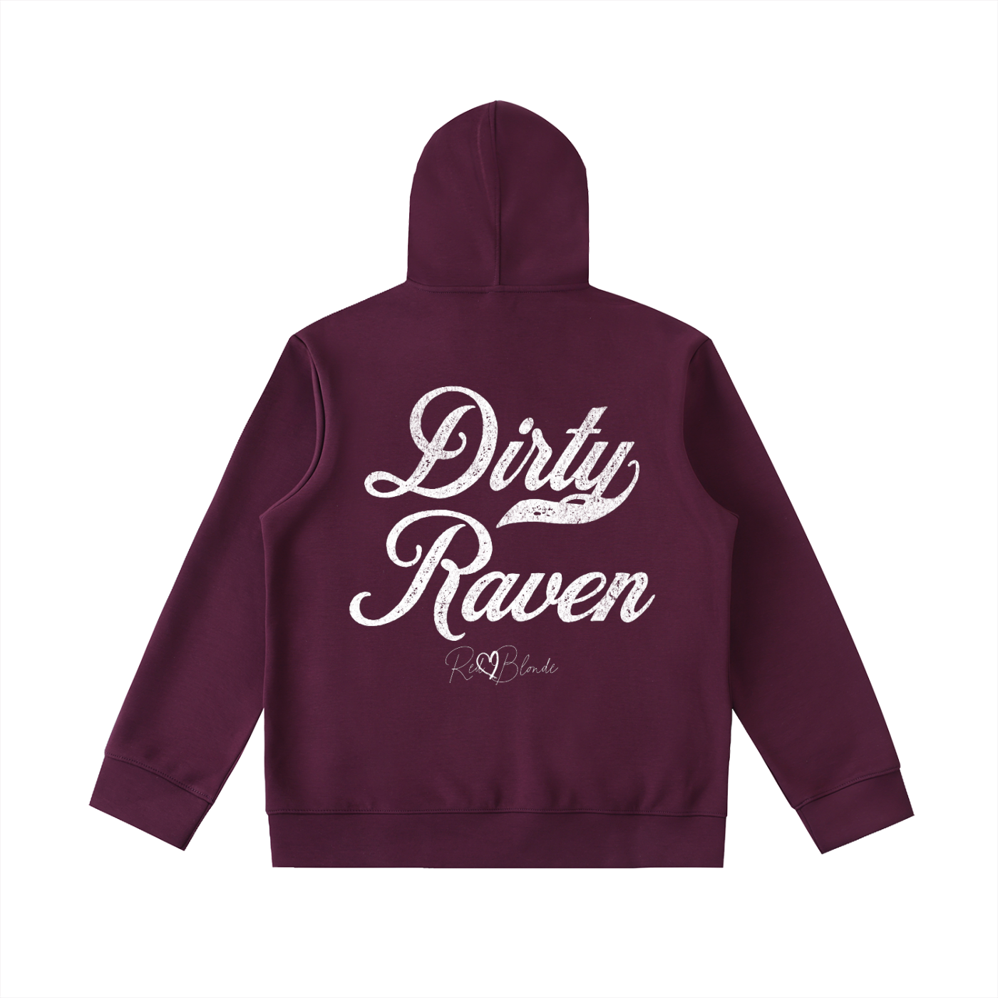 Back view of a plum coloured hoodie with bold white Milkstore vintage-style script text “Dirty Raven” across the back and a subtle RedBlonde signature logo underneath.