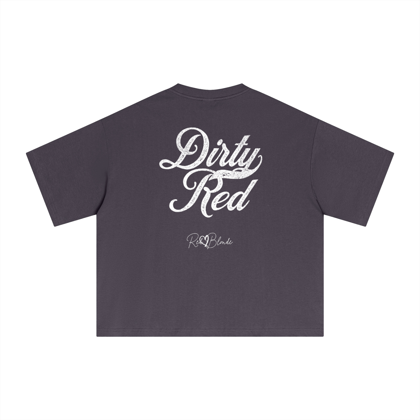The back of a plum oversized boxy short-sleeve T-shirt laid flat on a white background. Large distressed white Milkstore 01 script text reads “Dirty Red,” with a small cursive “RedBlonde” logo beneath the main graphic.