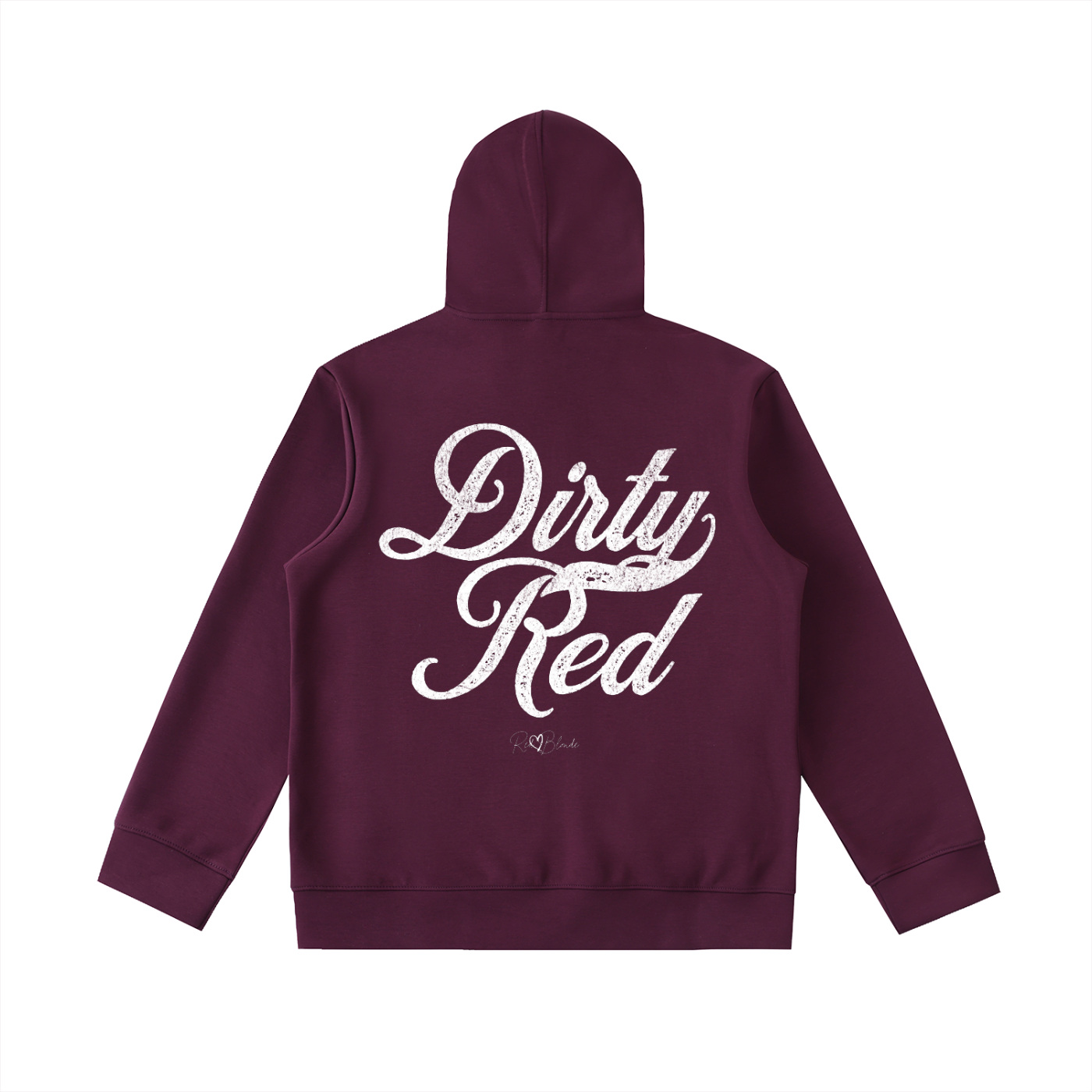 Back view of a plum coloured hoodie with bold white Milkstore vintage-style script text “Dirty Red” across the back and a subtle RedBlonde signature logo underneath.