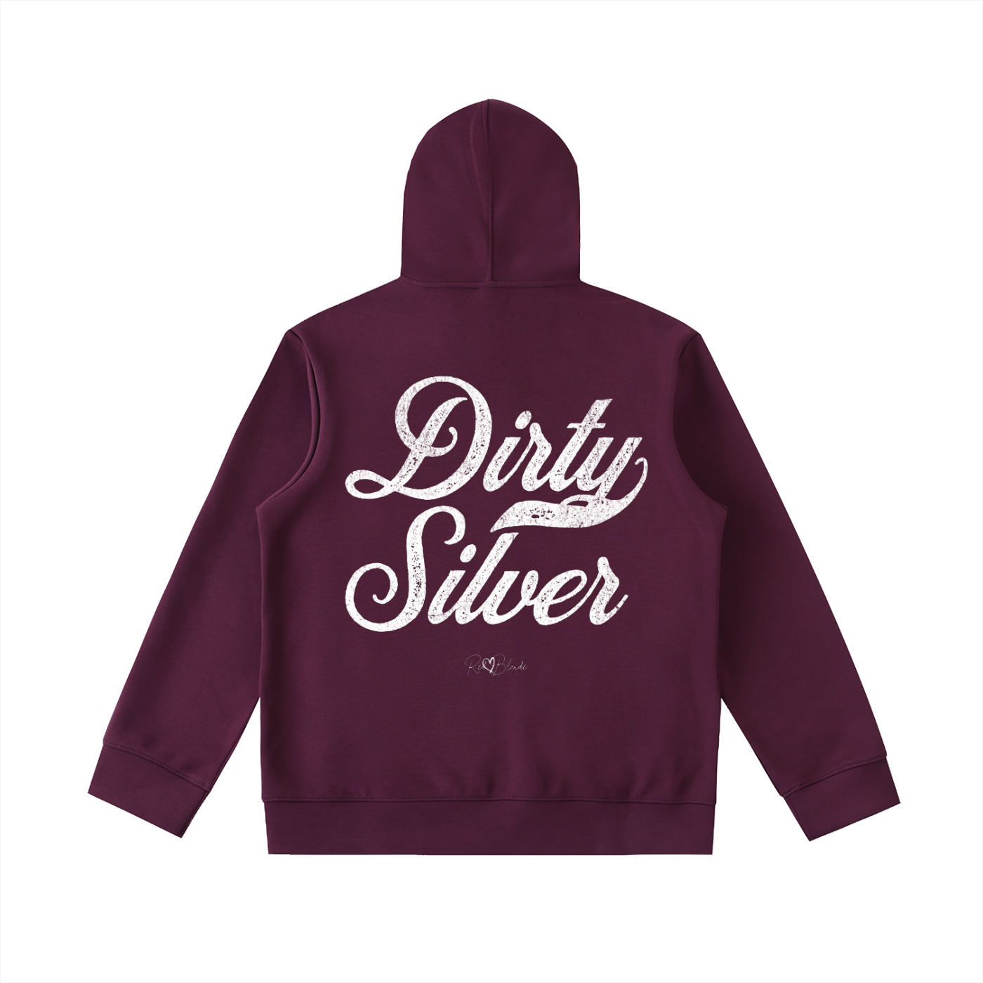 Back view of a plum hoodie with bold black Milkstore vintage-style script text “Dirty Silver” across the back and a subtle RedBlonde signature logo underneath