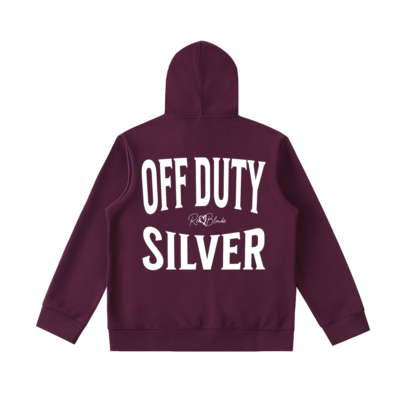 Plum oversized hoodie shown from the back on a white background, featuring large white “OFF DUTY SILVER” Brookfield text with a small RedBlonde script logo between the words.