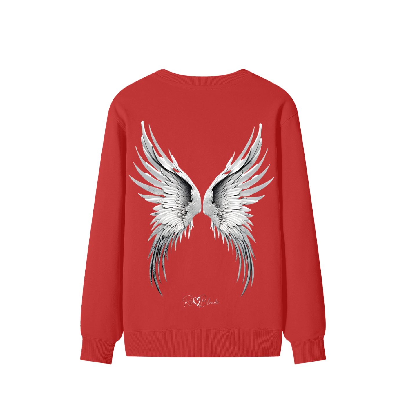 Angelic Redhead back view of red sweatshirt featuring a striking pair of detailed silver-grey angel wings printed across the back, with the RedBlonde signature logo beneath the design.