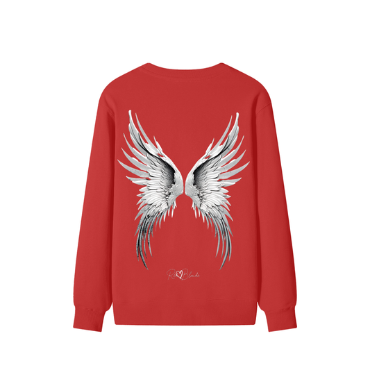 Angelic Redhead back view of red sweatshirt featuring a striking pair of detailed silver-grey angel wings printed across the back, with the RedBlonde signature logo beneath the design.