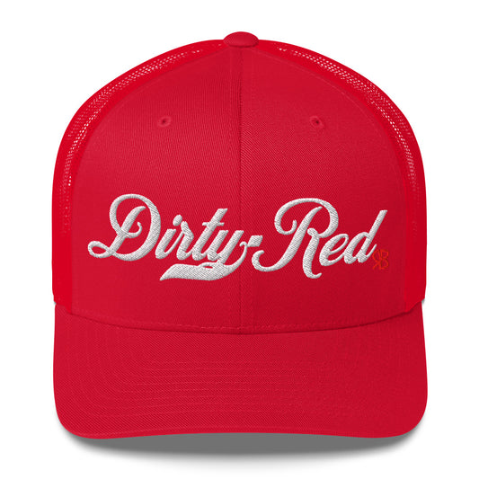 red trucker cap with 'Dirty Red' in white milkstore font. Branded RB in Red