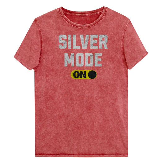 red denim-style unisex t-shirt with bold distressed white Univercity font reading “Silver Mode” and a yellow on/off switch graphic in the “On” position beneath. The design includes subtle worn texture for a vintage look. Branded RedBlonde London in red on inside neck and right sleeve