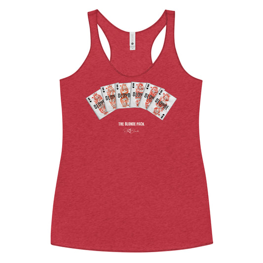 A women’s vintage red racerback tank top featuring a bold graphic of Queen playing cards spread across the chest, each card with a famous blonde. Below the cards, the text reads “THE BLONDE PACK” with the RedBlonde signature logo.