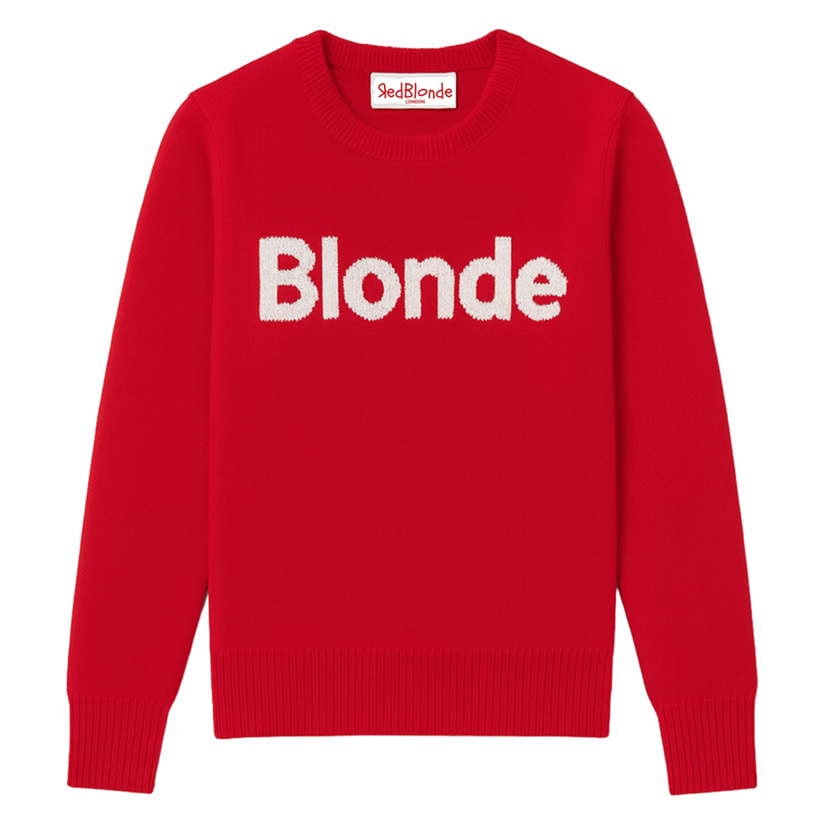 bright red cashmere jumper with ‘Blonde’ knitted across the chest in white