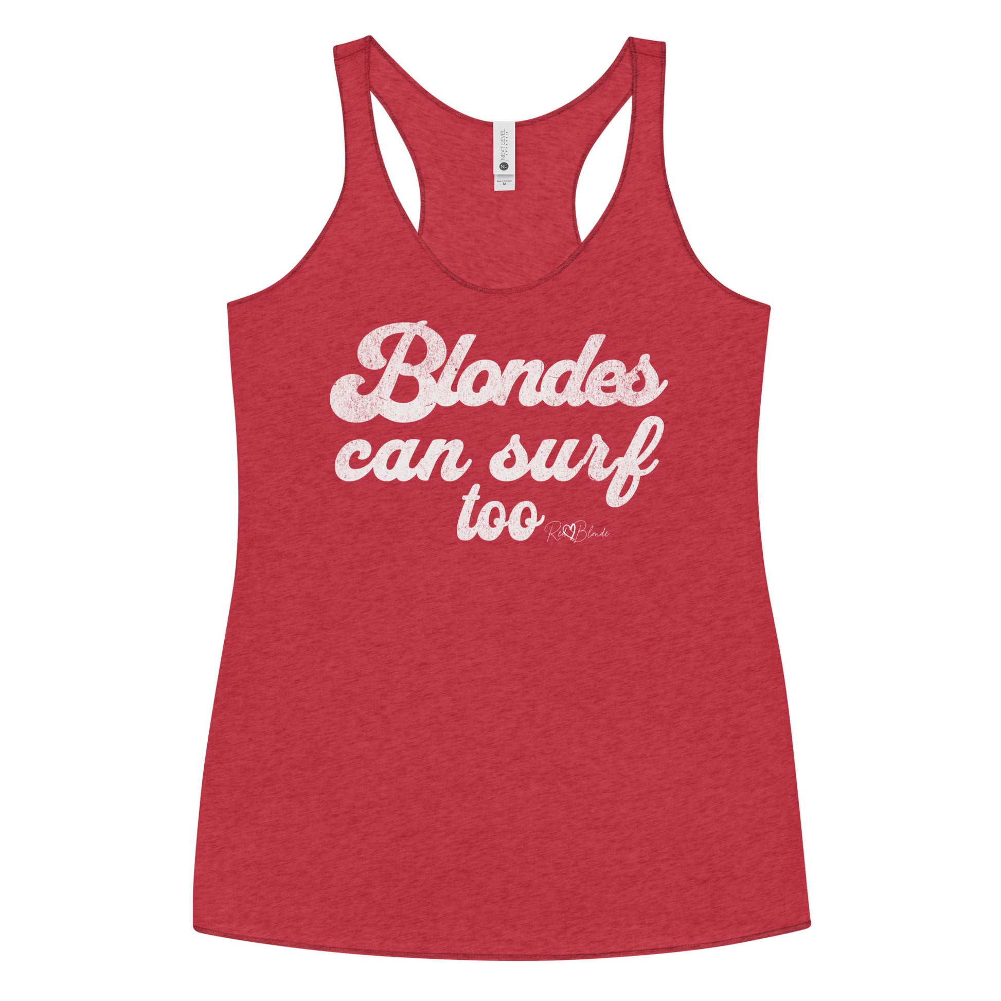 Vintage red women’s racerback tank top with raw edge seams, featuring bold white retro-style Sunship text that reads “Blondes can surf too” with the RedBlonde signature beneath.