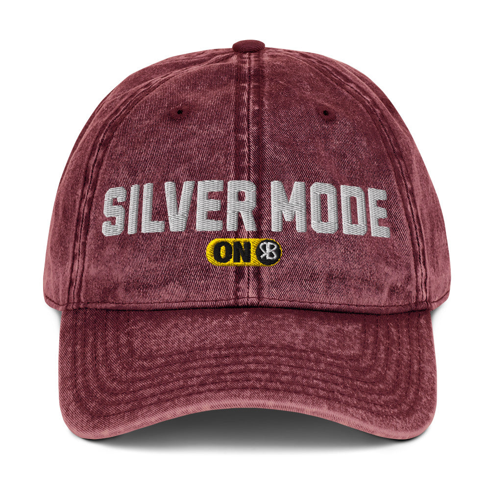 red denim cap with 'Silver Mode ON' embroidered in white Univercity font with RB logo