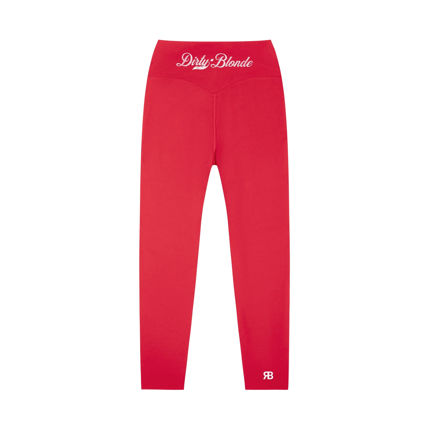 Red high-waisted leggings with Dirty Blonde Milkstore script logo on the back waistband and RB logo at the lower leg.