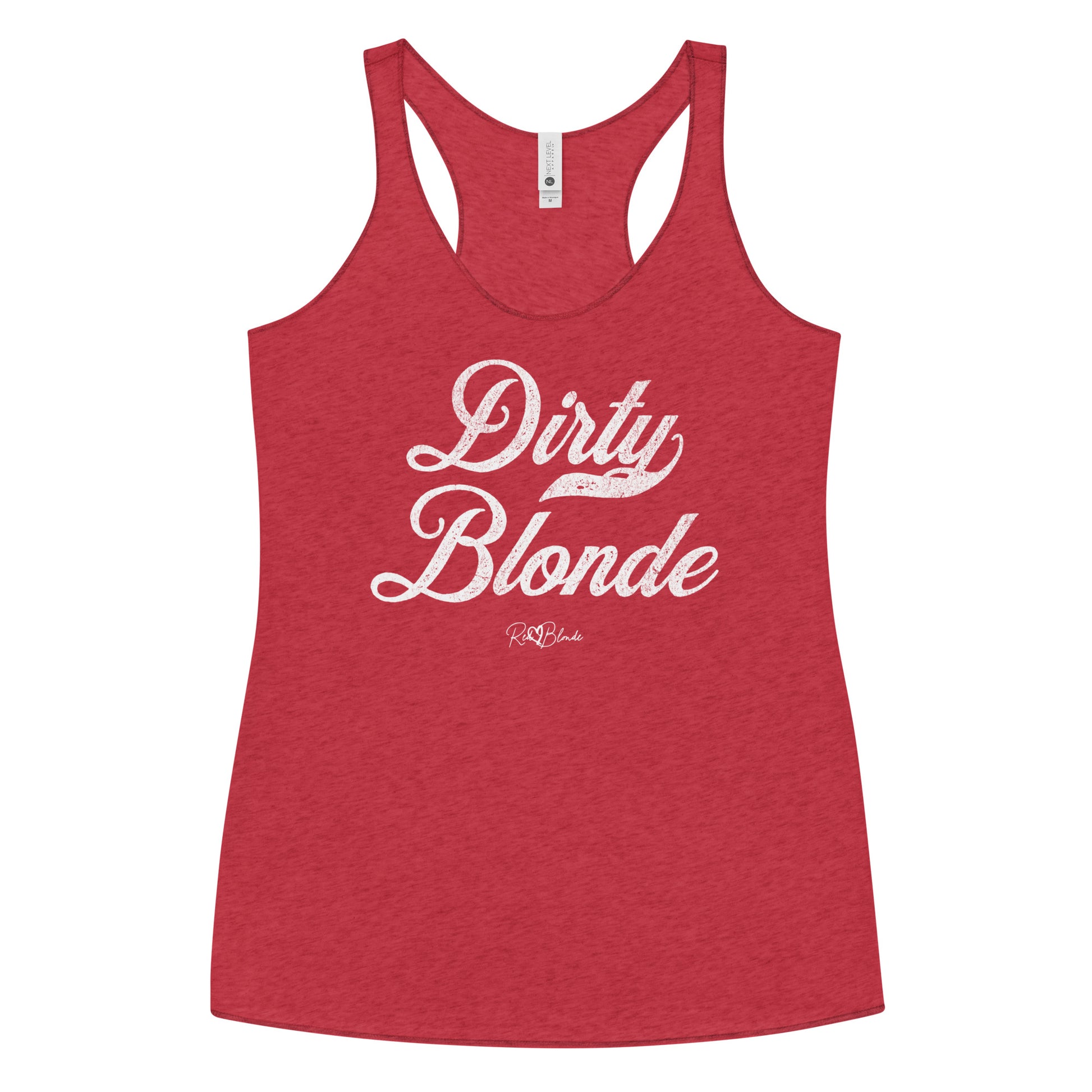 a red women's racerback tank with the playful slogan ‘Dirty Blonde’ in white milk-store font, signed off RedBlonde.