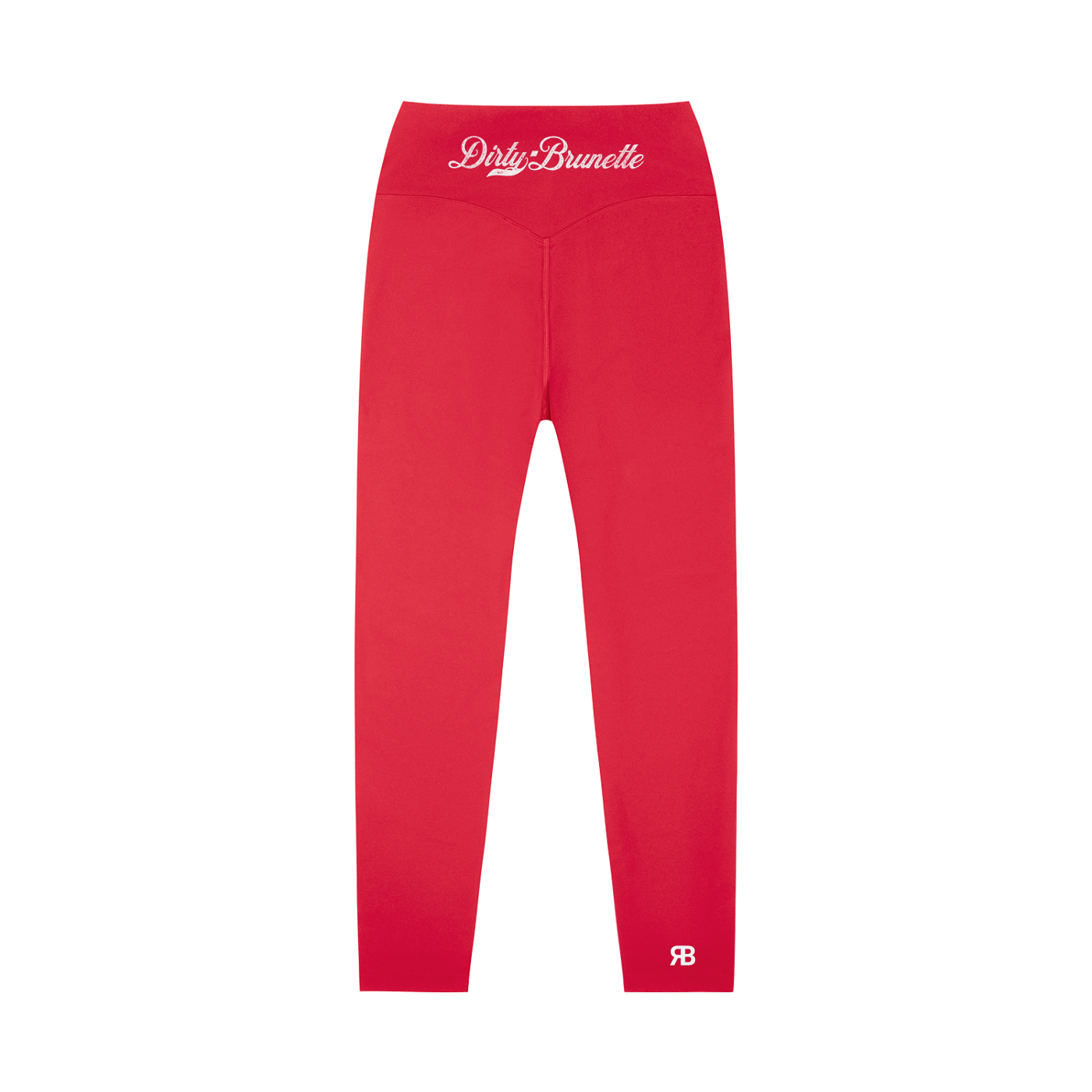 red high-waisted leggings with Dirty Brunette Milkstore script logo on the back waistband and RB logo at the lower leg.