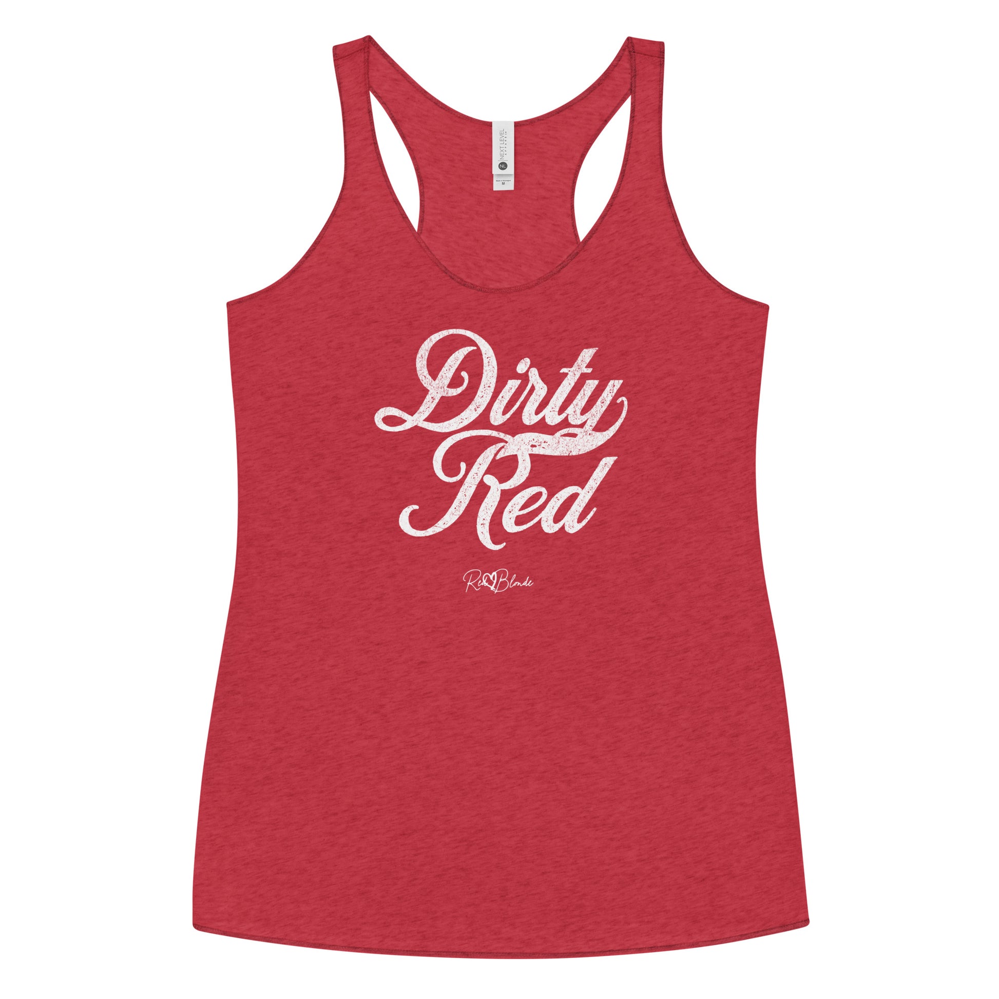 a red women's racerback tank with the playful slogan ‘Dirty Red' in white milk-store font, signed off RedBlonde.