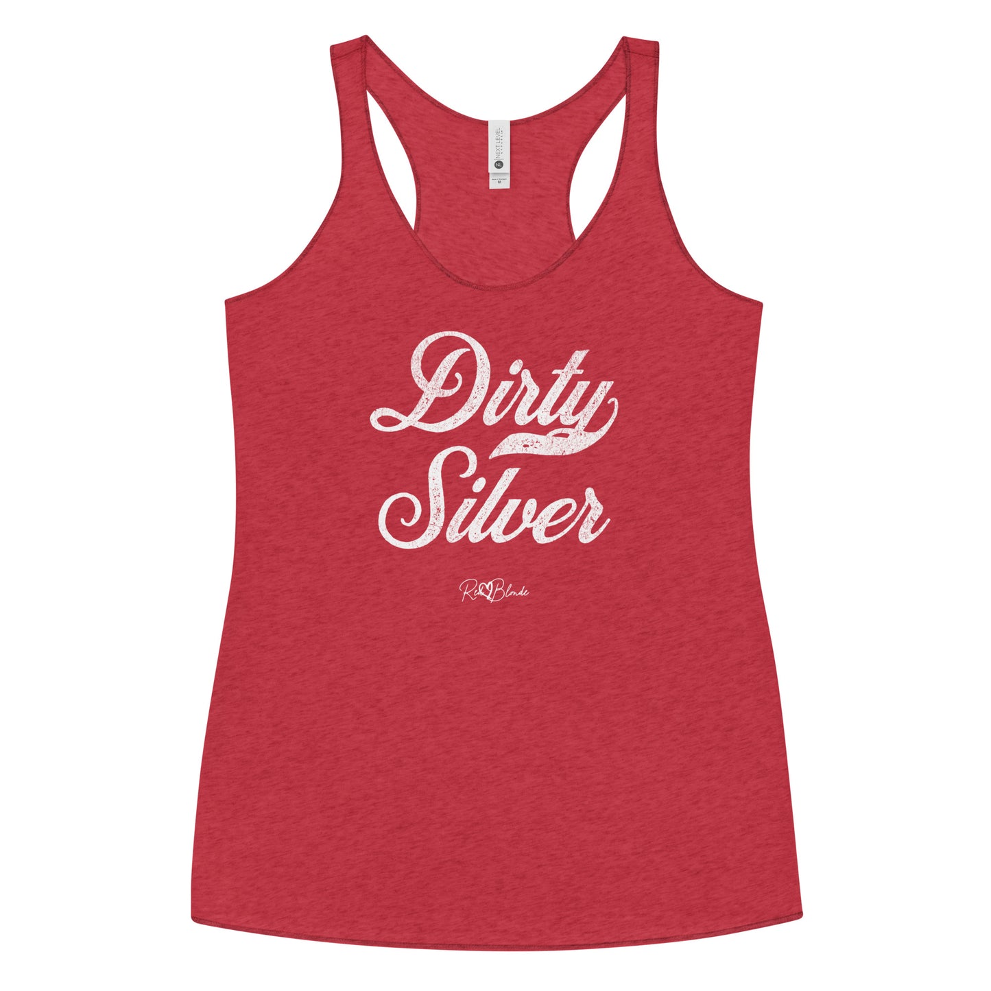 a red women's racerback tank with the playful slogan ‘Dirty Silver’ in white milk-store font, signed off RedBlonde.