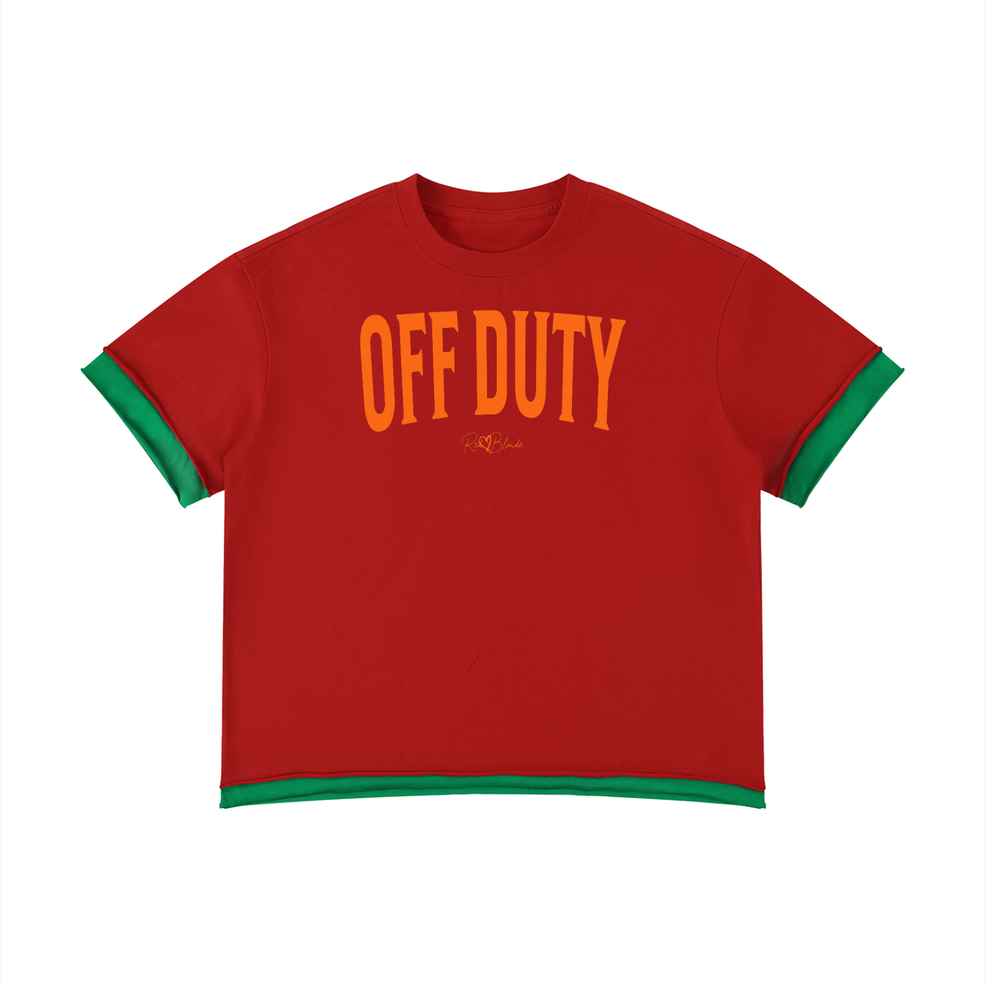 Red oversized T-shirt with a red ribbed crew neckline, green layered sleeve and hem details, and bold orange Off Duty slogan in collegiate style font across the front.