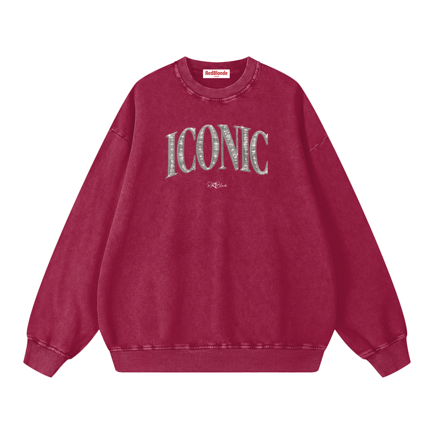 RedBlonde oversized acid-wash sweatshirt in red with diamanté-effect "ICONIC" graphic print on the chest and RedBlonde script logo beneath, crew neck, ribbed cuffs and hem