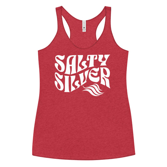 Flatlay of a red soft racerback tank t-shirt with 'Salty Silver' play on words slogan in white retro Solino Display wavy 70s font.  Branded RedBlonde London on reverse