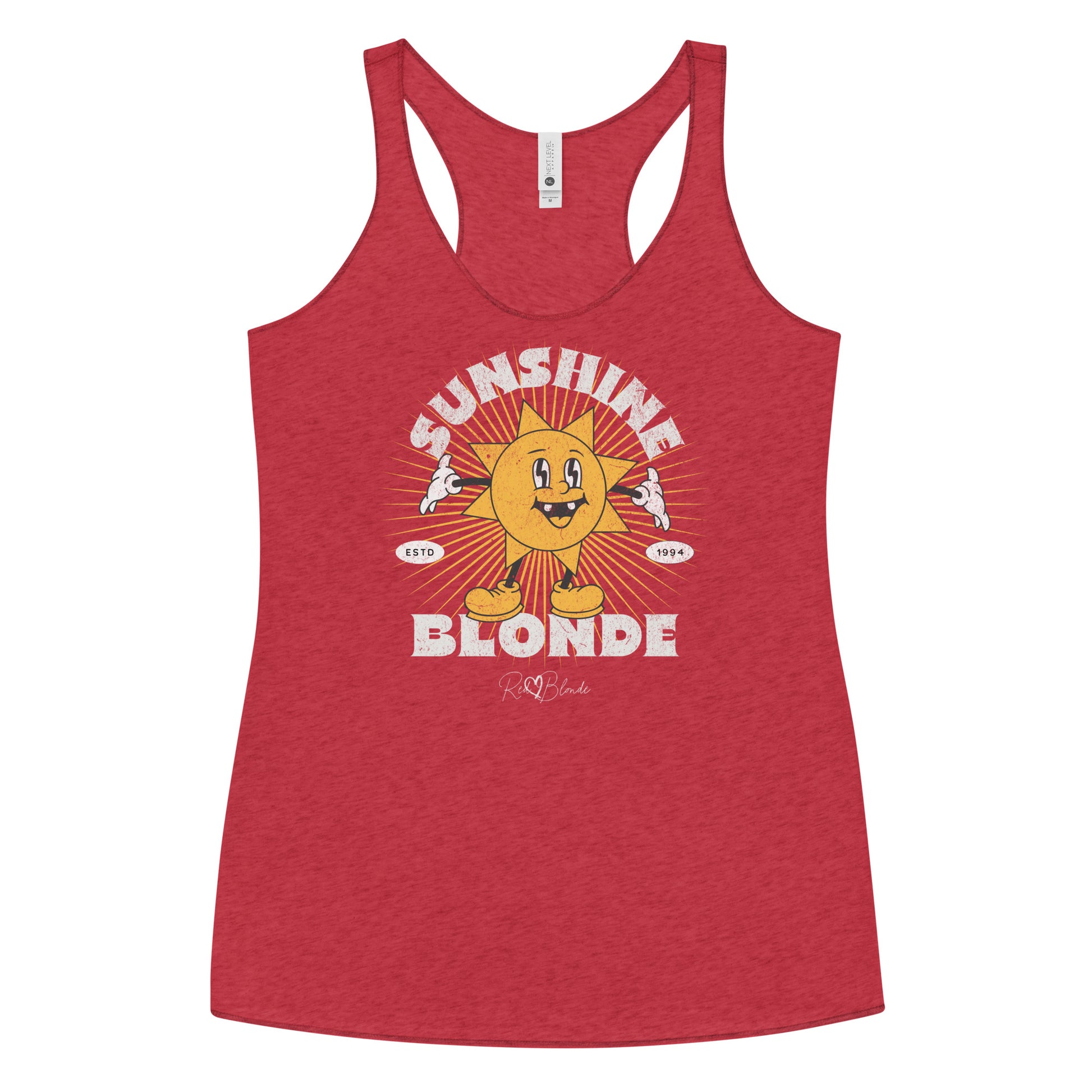 red women’s racerback tank with a retro cartoon-style yellow sun character, smiling with open arms, surrounded by radiant sunbeams. The text reads ‘Sunshine Blonde’ in bold vintage Belzebuth lettering, with small details including ‘ESTD 1994’ and the RedBlonde signature logo beneath."