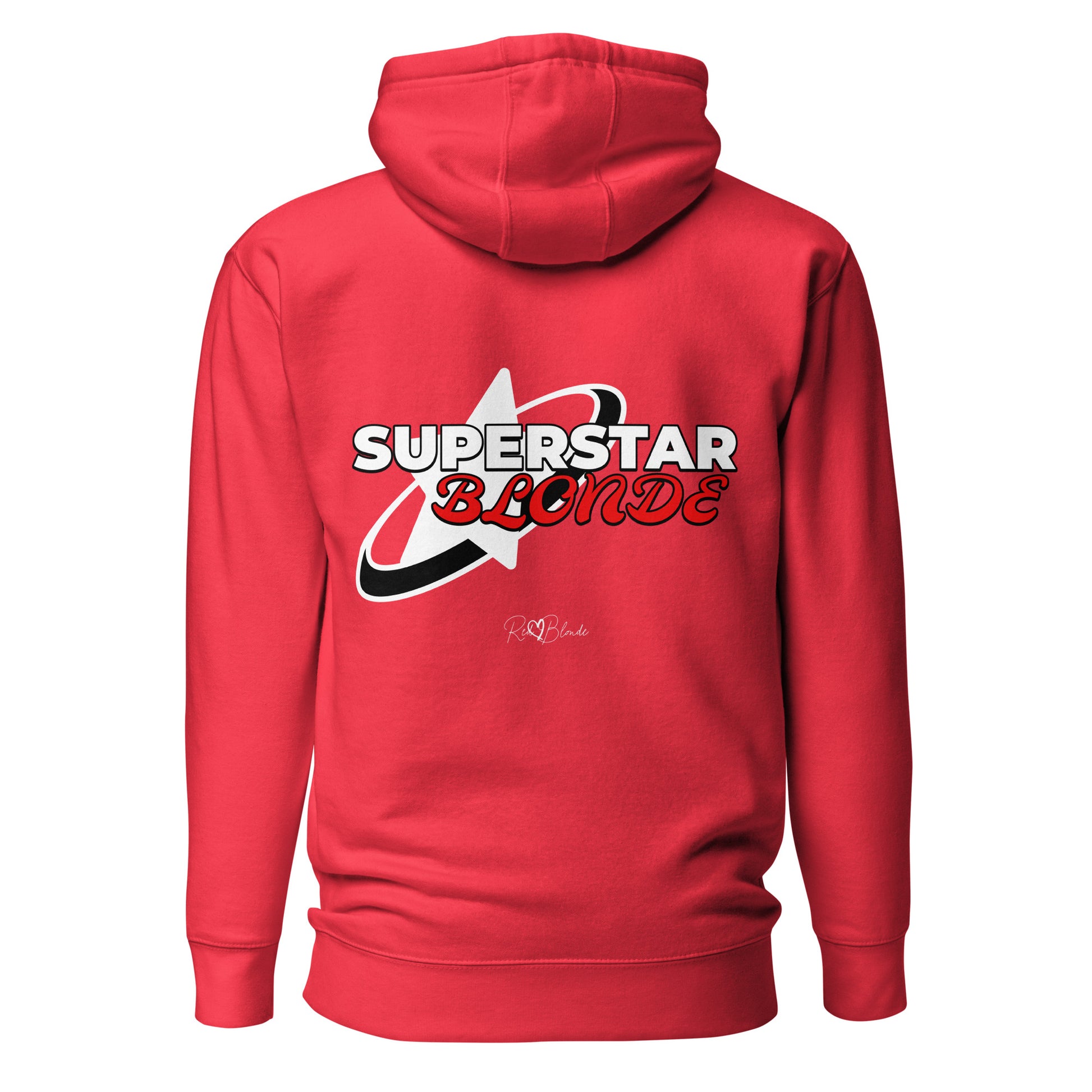 A Red unisex pullover hoodie with a large back graphic design. The print features a bold white star with a swoosh around it and the words “SUPERSTAR BLONDE” in white and red retro-style Monsierrat and Molle lettering. The design also includes a small signature logo “R & B Blonde” underneath. Branded RedBlonde on inside neck and right sleeve