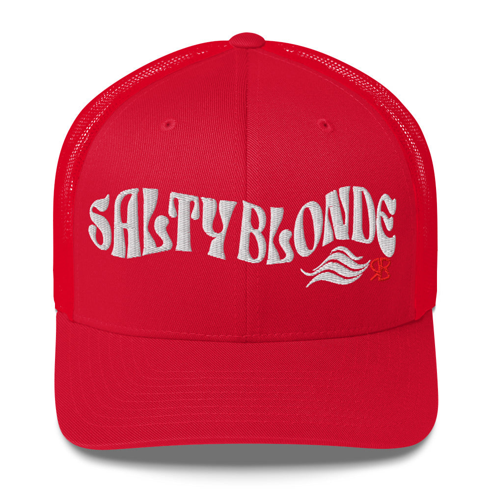 red trucker cap with 'Salty Blonde in white Solino display font. Branded RB in red