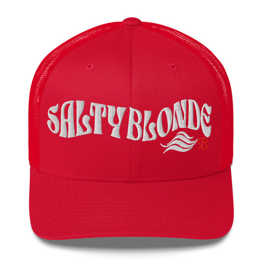 red trucker cap with 'Salty Blonde in white Solino display font. Branded RB in red
