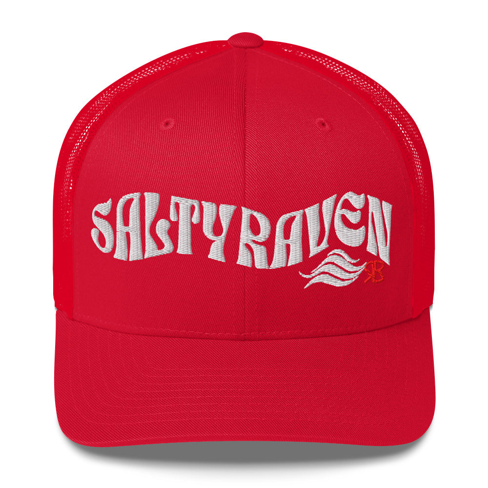 red trucker cap with 'Salty Raven' in white Solino display font. Branded RB in red