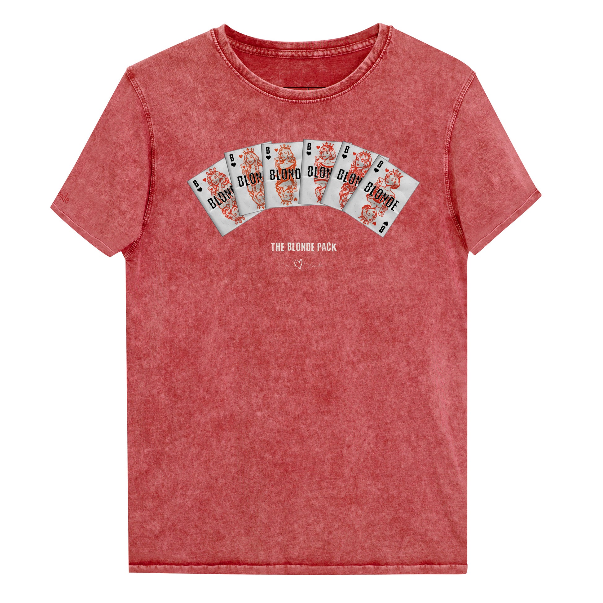 Unisex red acid denim wash tshirt featuring a bold graphic of Queen playing cards spread across the chest, each card with a famous blonde. Below the cards, the text reads “THE BLONDE PACK” with the RedBlonde signature logo.