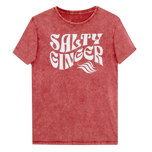 flatlay of a red vintage wash graphic t-shirt with the slogan 'Salty Ginger' in white retro 70s wavy font. Branded RedBlonde inside neck and right shoulder in red