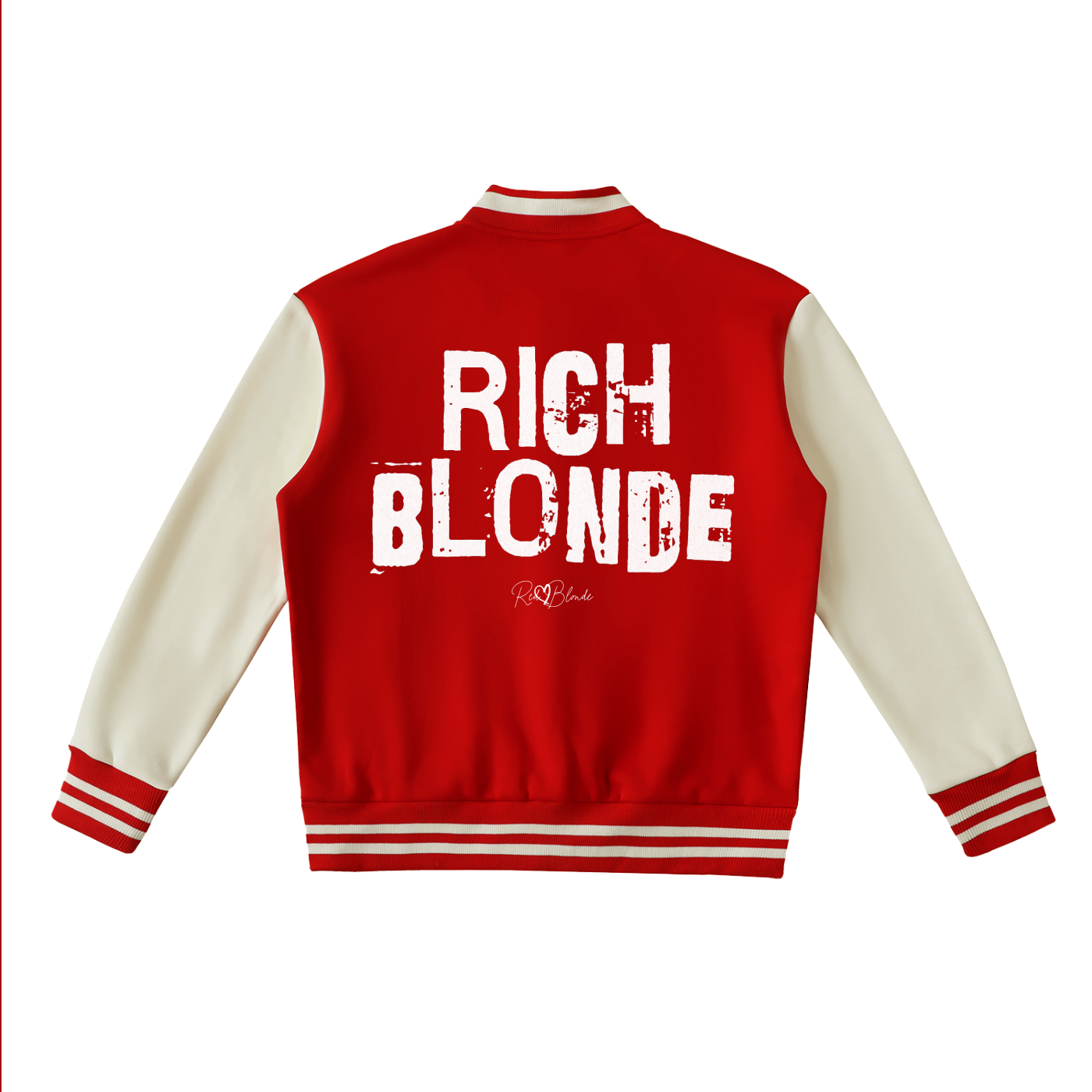 Red & white varsity-style jacket with cream sleeves and striped ribbed trims. The back features large white text reading “RICH BLONDE” in Ed Gein font with a small RedBlonde signature logo in the centre between the words