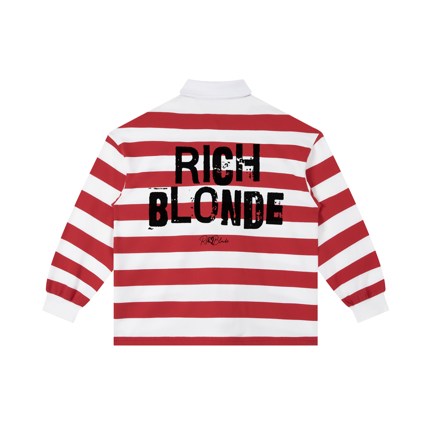 An image showing the back of a long-sleeved rugby polo shirt featuring a pattern of alternating horizontal red and white stripes. The center of the back displays the words "RICH BLONDE" in large, distressed Ed Gein black block lettering, with a smaller signature-style logo printed directly underneath. The shirt is finished with a solid white collar and matching white ribbed cuffs.