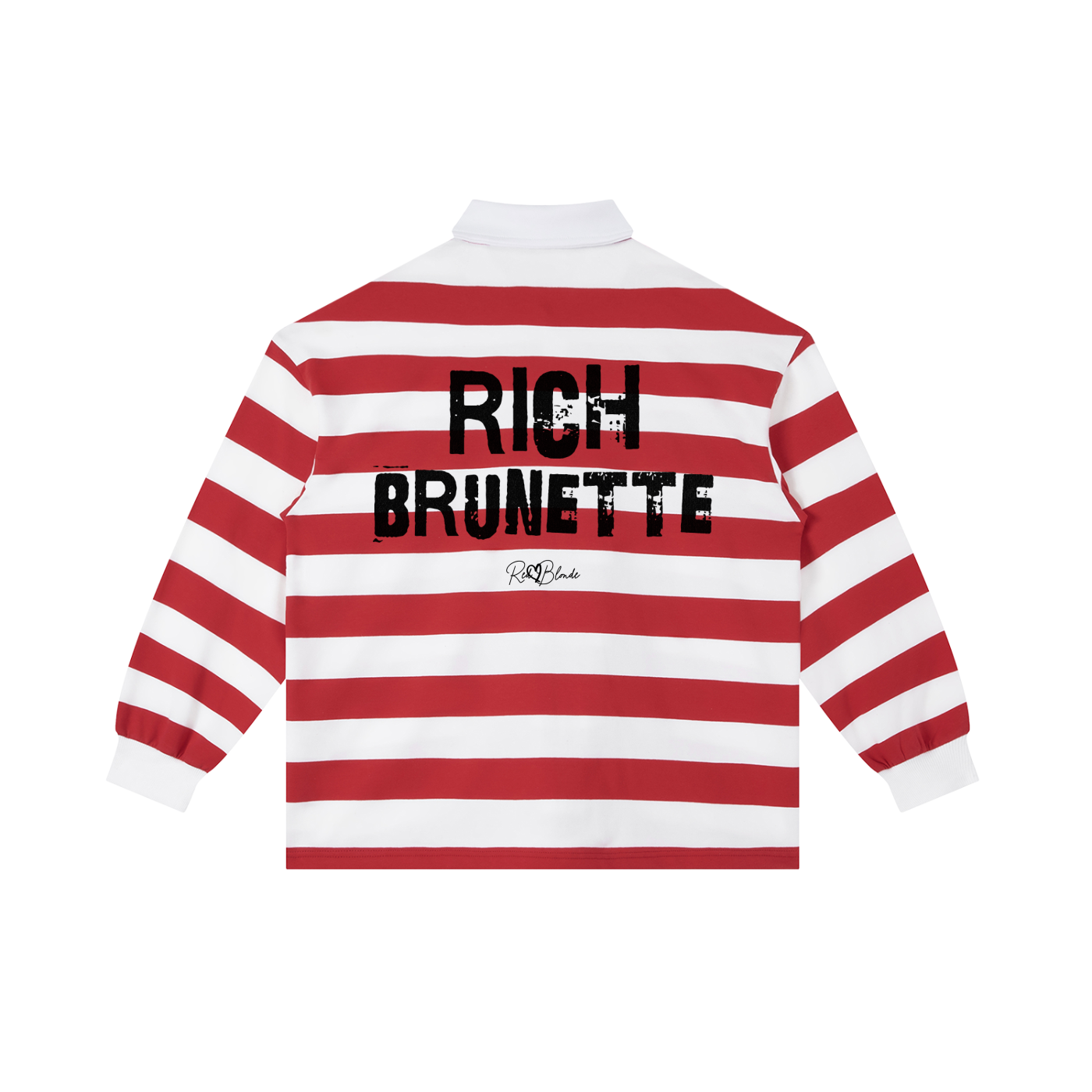 An image showing the back of a long-sleeved rugby polo shirt featuring a pattern of alternating horizontal red and white stripes. The center of the back displays the words "RICH BRUNETTE" in large, distressed Ed Gein black block lettering, with a smaller signature-style logo printed directly underneath. The shirt is finished with a solid white collar and matching white ribbed cuffs.