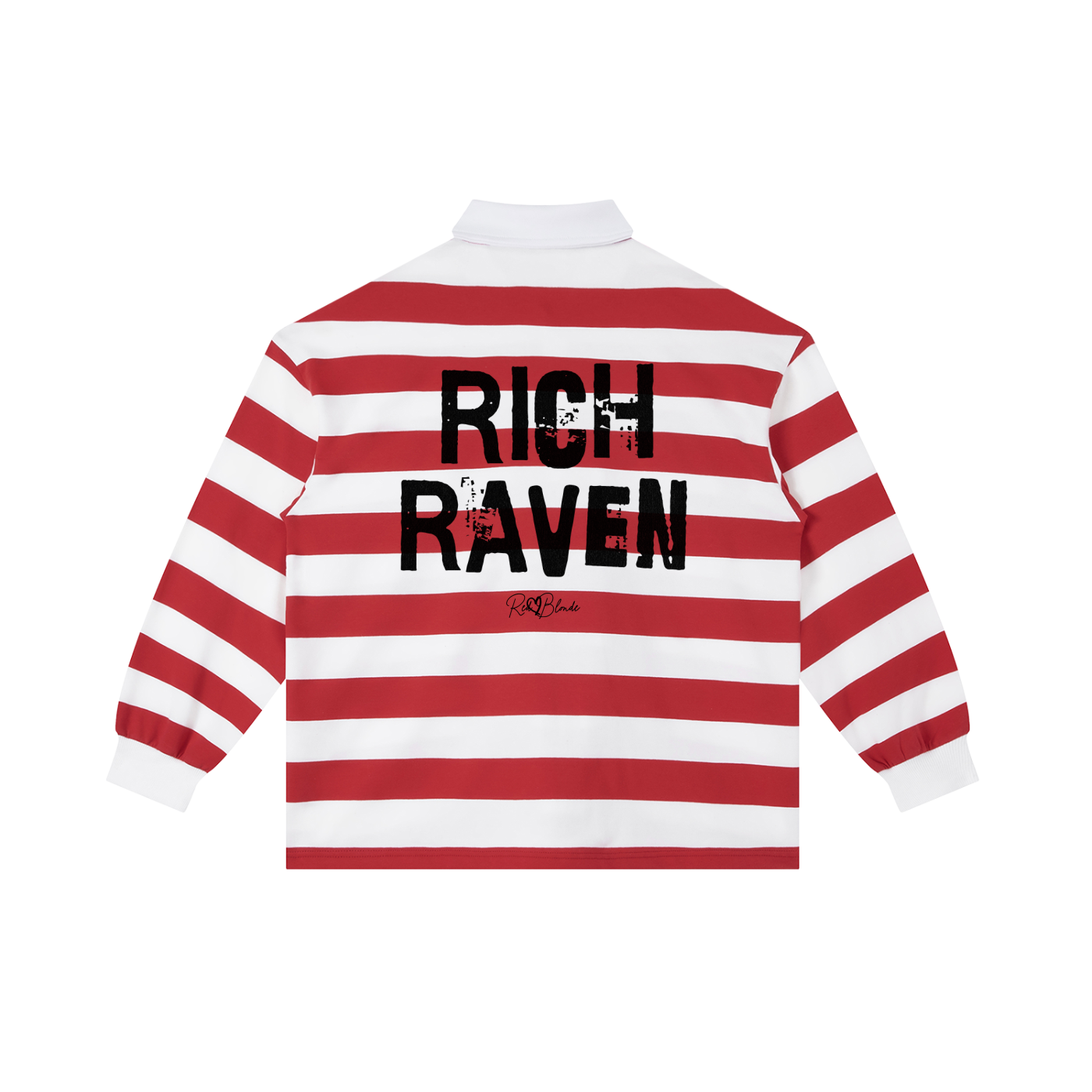 An image showing the back of a long-sleeved rugby polo shirt featuring a pattern of alternating horizontal red and white stripes. The center of the back displays the words "RICH RAVEN" in large, distressed Ed Gein black block lettering, with a smaller signature-style logo printed directly underneath. The shirt is finished with a solid white collar and matching white ribbed cuffs.