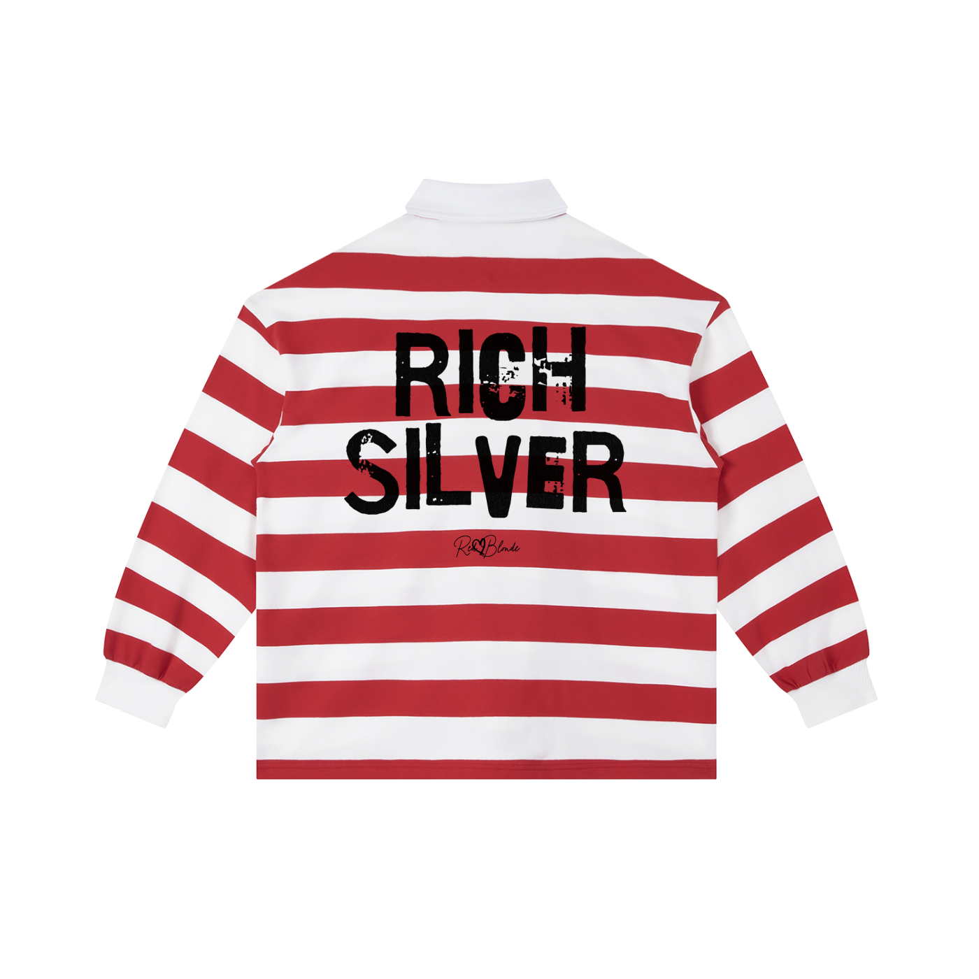 An image showing the back of a long-sleeved rugby polo shirt featuring a pattern of alternating horizontal red & white stripes. The center of the back displays the words "RICH SILVER" in large, distressed Ed Gein black block lettering, with a smaller signature-style logo printed directly underneath. The shirt is finished with a solid white collar and matching white ribbed cuffs.