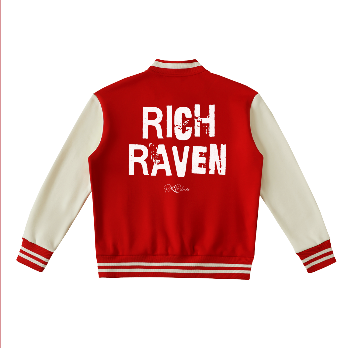 red & white varsity-style jacket with cream sleeves and striped ribbed trims. The back features large white text reading “RICH RAVEN” in Ed Gein font with a small RedBlonde signature logo in the centre between the words