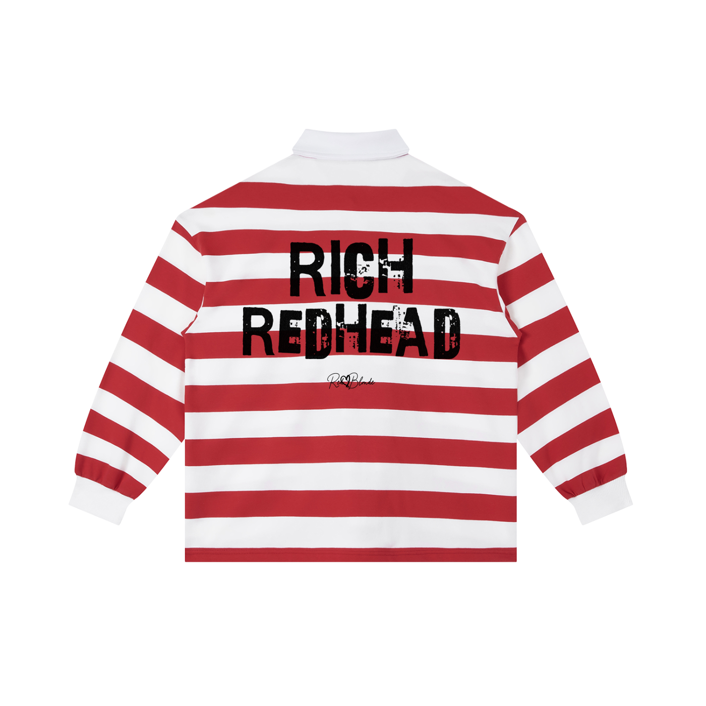 An image showing the back of a long-sleeved rugby polo shirt featuring a pattern of alternating horizontal red and white stripes. The center of the back displays the words "RICH REDHEAD" in large, distressed Ed Gein black block lettering, with a smaller signature-style logo printed directly underneath. The shirt is finished with a solid white collar and matching white ribbed cuffs.
