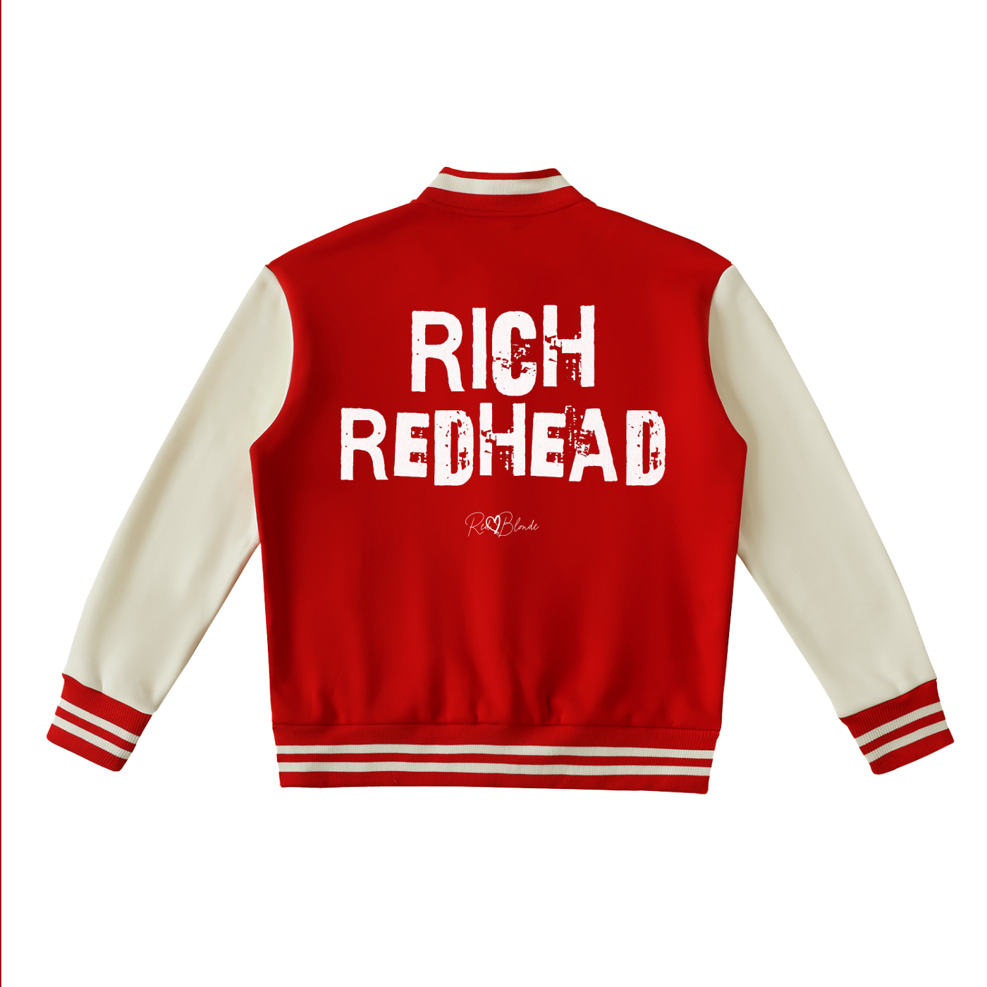 red & white varsity-style jacket with cream sleeves and striped ribbed trims. The back features large white text reading “RICH REDHEAD” in Ed Gein font with a small RedBlonde signature logo in the centre between the words
