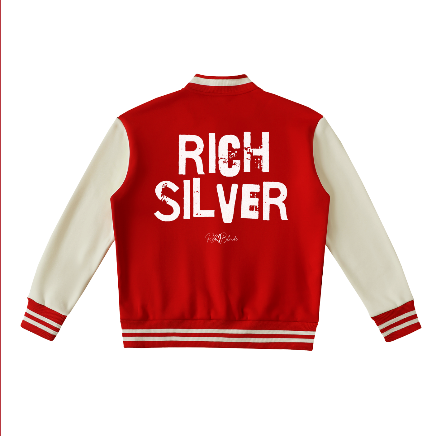 red & white varsity-style jacket with cream sleeves and striped ribbed trims. The back features large white text reading “RICH SILVER” in Ed Gein font with a small RedBlonde signature logo in the centre between the words