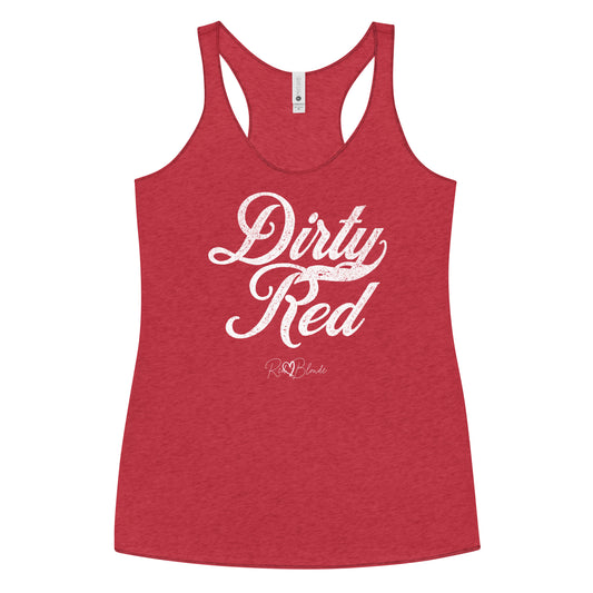 red women's racerback tank with the playful slogan ‘Dirty Red’ in white milk-store font, signed off RedBlonde. Branded RedBlonde London in red on the reverse