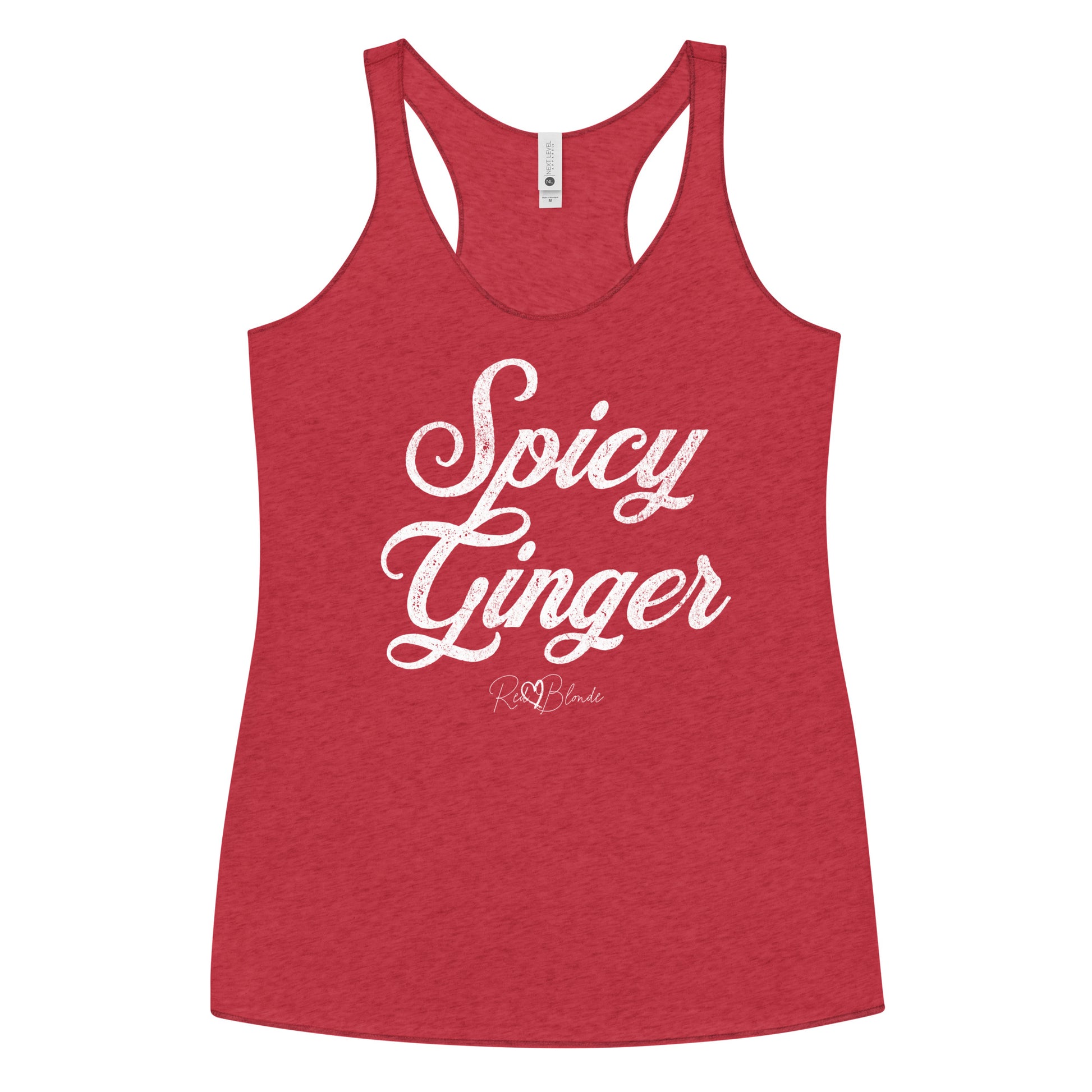red women's racerback tank with the playful slogan ‘Spicy Ginger’ in white milk-store font, signed off RedBlonde. Branded RedBlonde London in red on the reverse