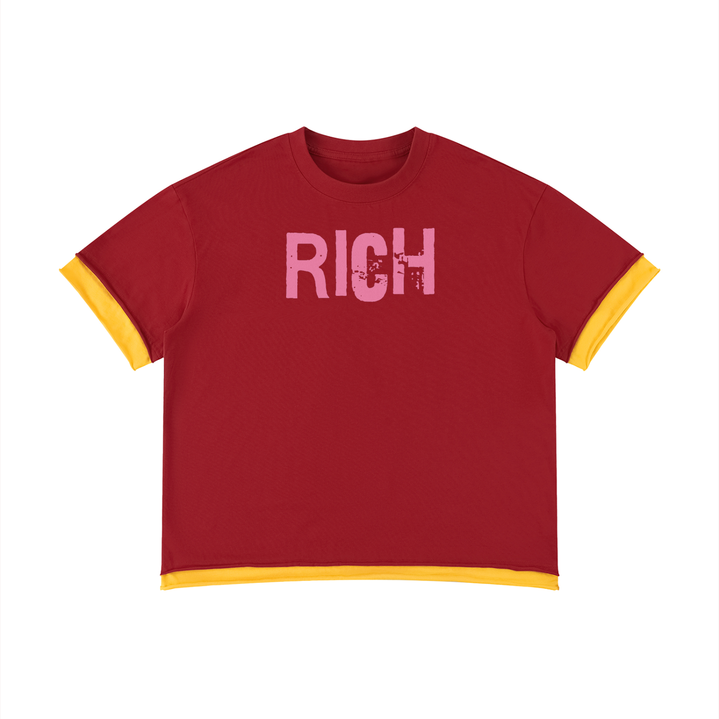 Red boxy short sleeve t-shirt with yellow layered trim and pink RICH graphic IN ED GEIN FONT on the chest.