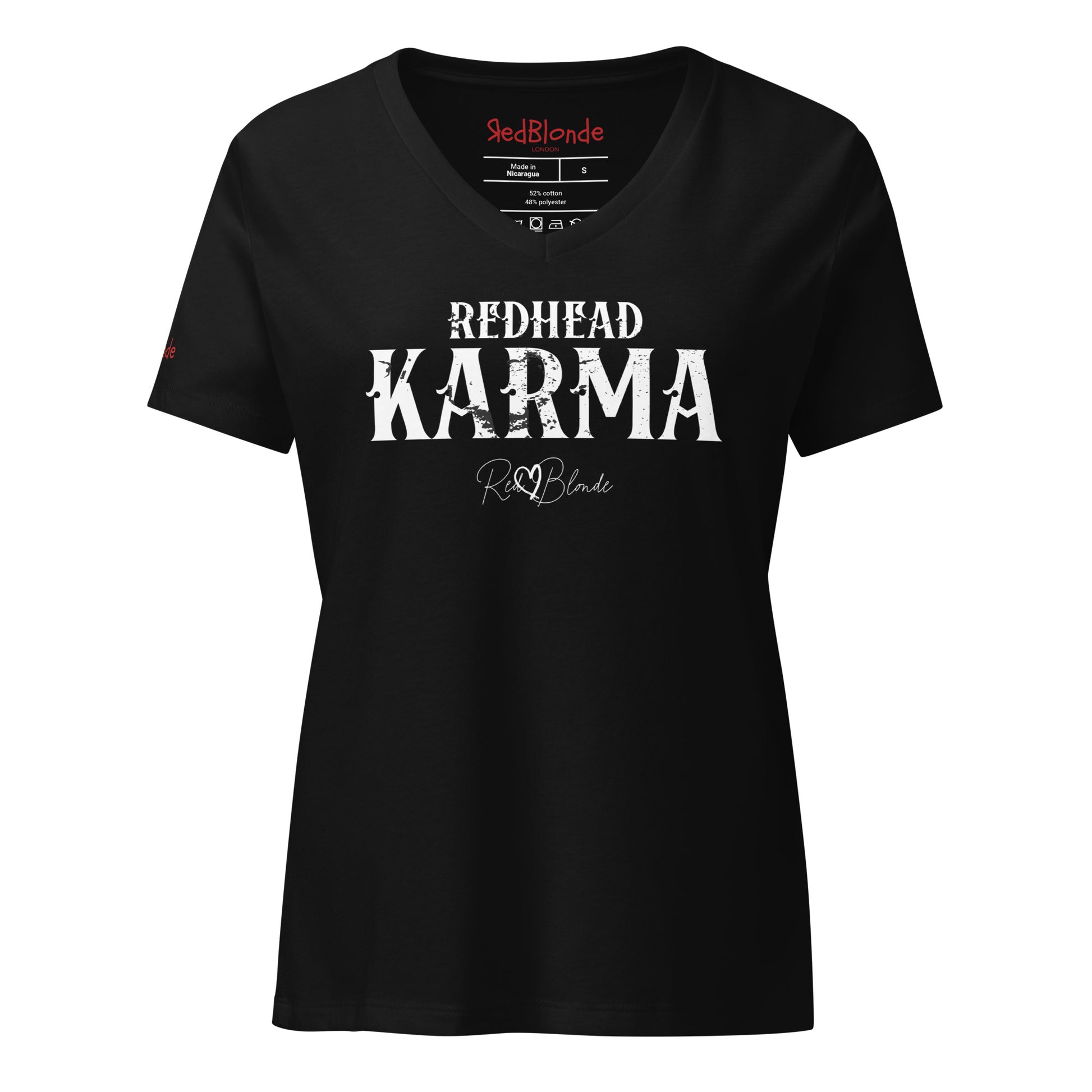 black v-neck women's relaxed fit t-shirt with 'REDHEAD KARMA' in Aquero white font, signed RedBlonde. Branded RedBlonde in red on inside neck and right sleeve 