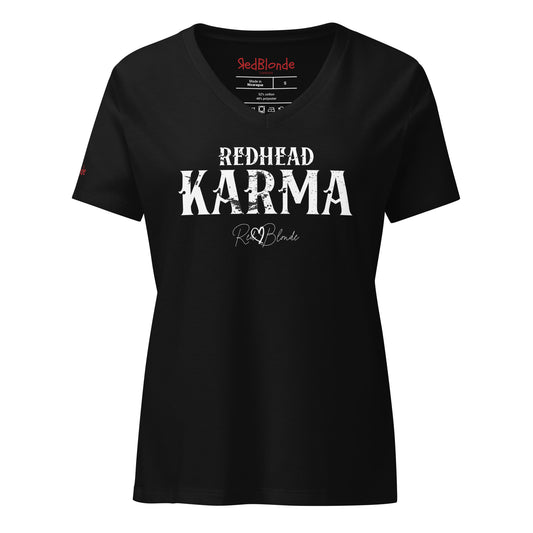 black v-neck women's relaxed fit t-shirt with 'REDHEAD KARMA' in Aquero white font, signed RedBlonde. Branded RedBlonde in red on inside neck and right sleeve 