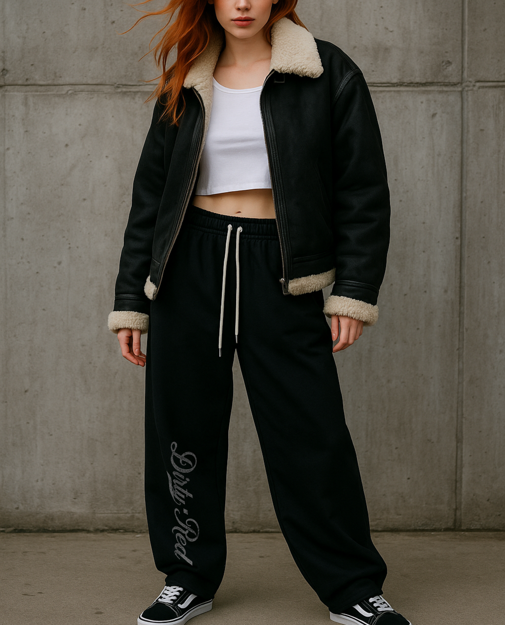 redhead model wears Black relaxed-fit straight joggers with white drawstrings and vintage-style “Dirty Red” milkstore script printed vertically down the leg — bold, effortless and unmistakably RedBlonde.