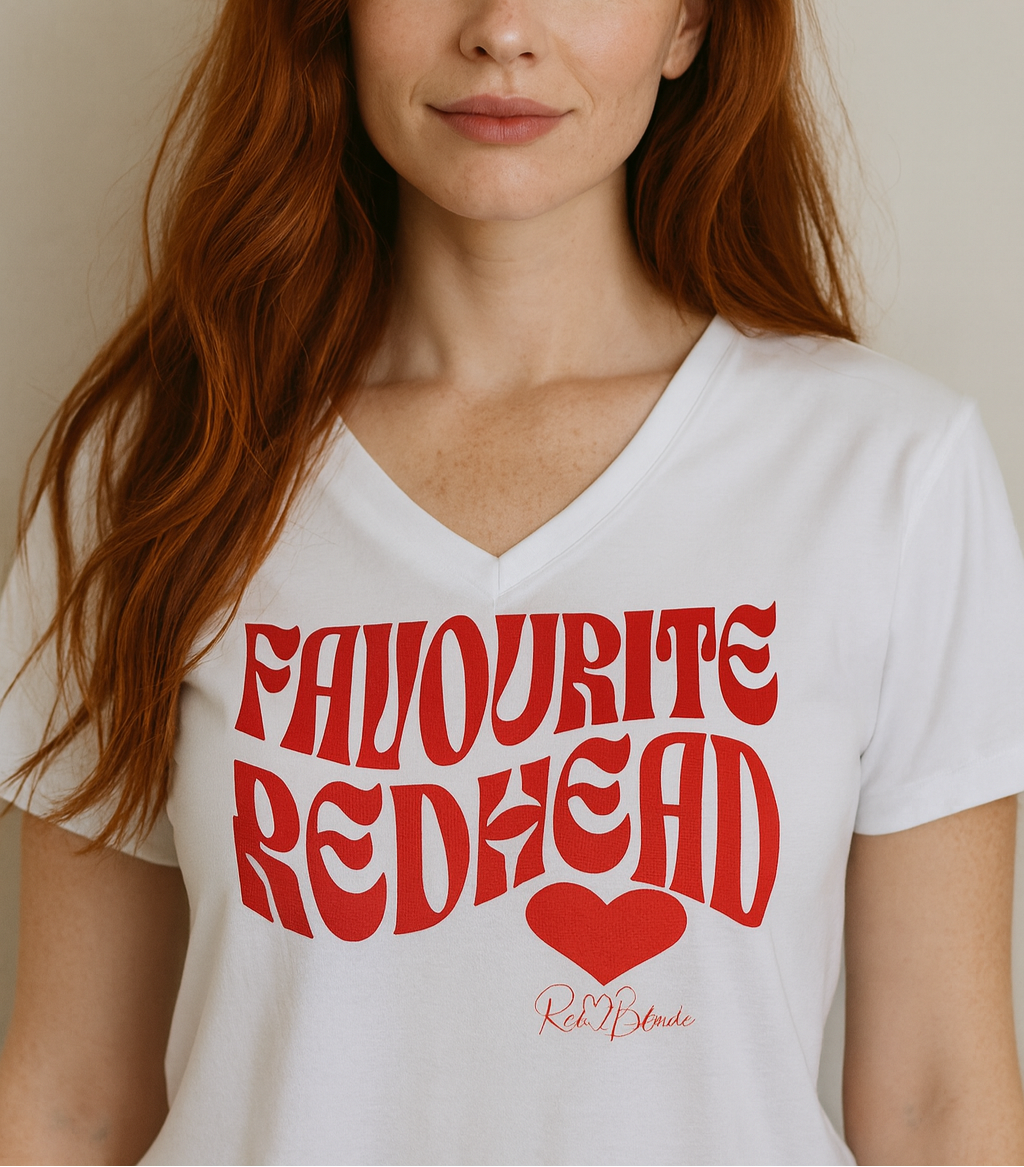 redhead wears a White women's loose fit v-neck graphic t-shirt with the slogan 'Favourite Redhead' in Solino Display red retro 70s wavy font. Signed with a heart and RedBlonde. Branded RedBlonde in red on inside neck and right sleeve
