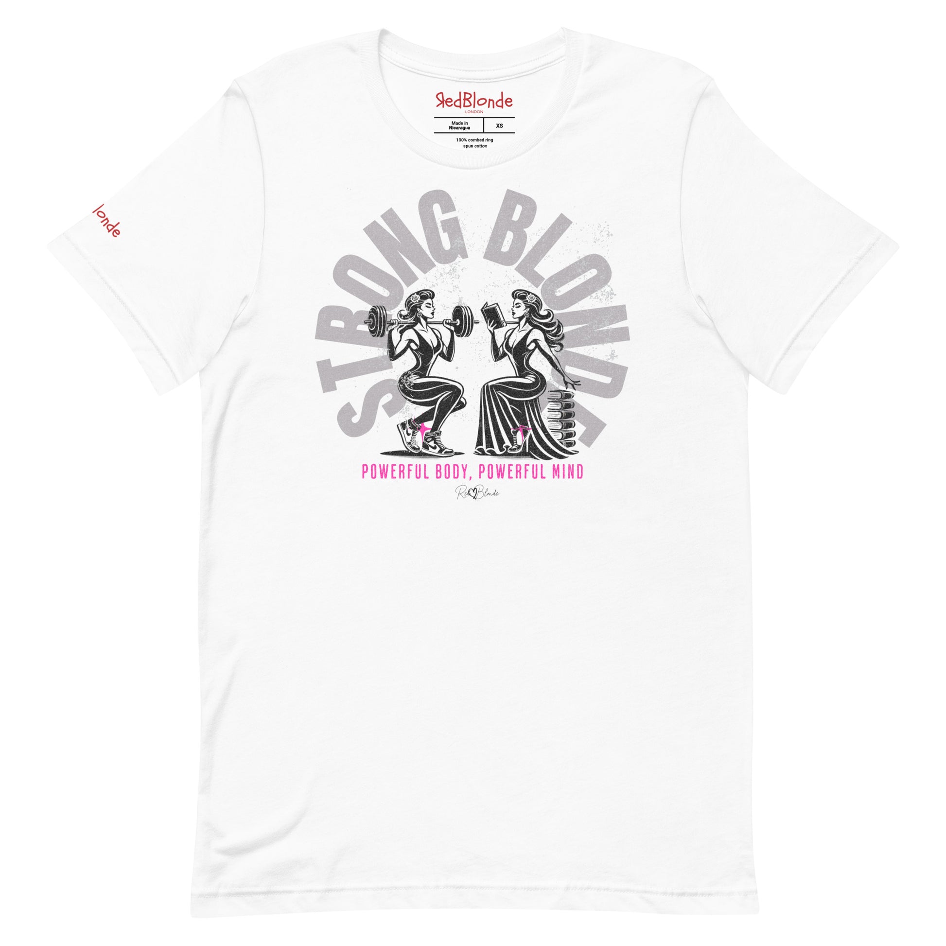 A relaxed-fit crew neck t-shirt in white, featuring a graphic of two women: one holding a barbell on her shoulders, the other reading a book on a pile of books. The words ‘STRONG BLONDE’ are arced over the women in pale grey, while ‘Powerful Body, Powerful Mind’ is in bright pink underneath. The t-shirt is signed off RedBlonde with a heart. Branded RedBlonde in red on inside neck and right sleeve