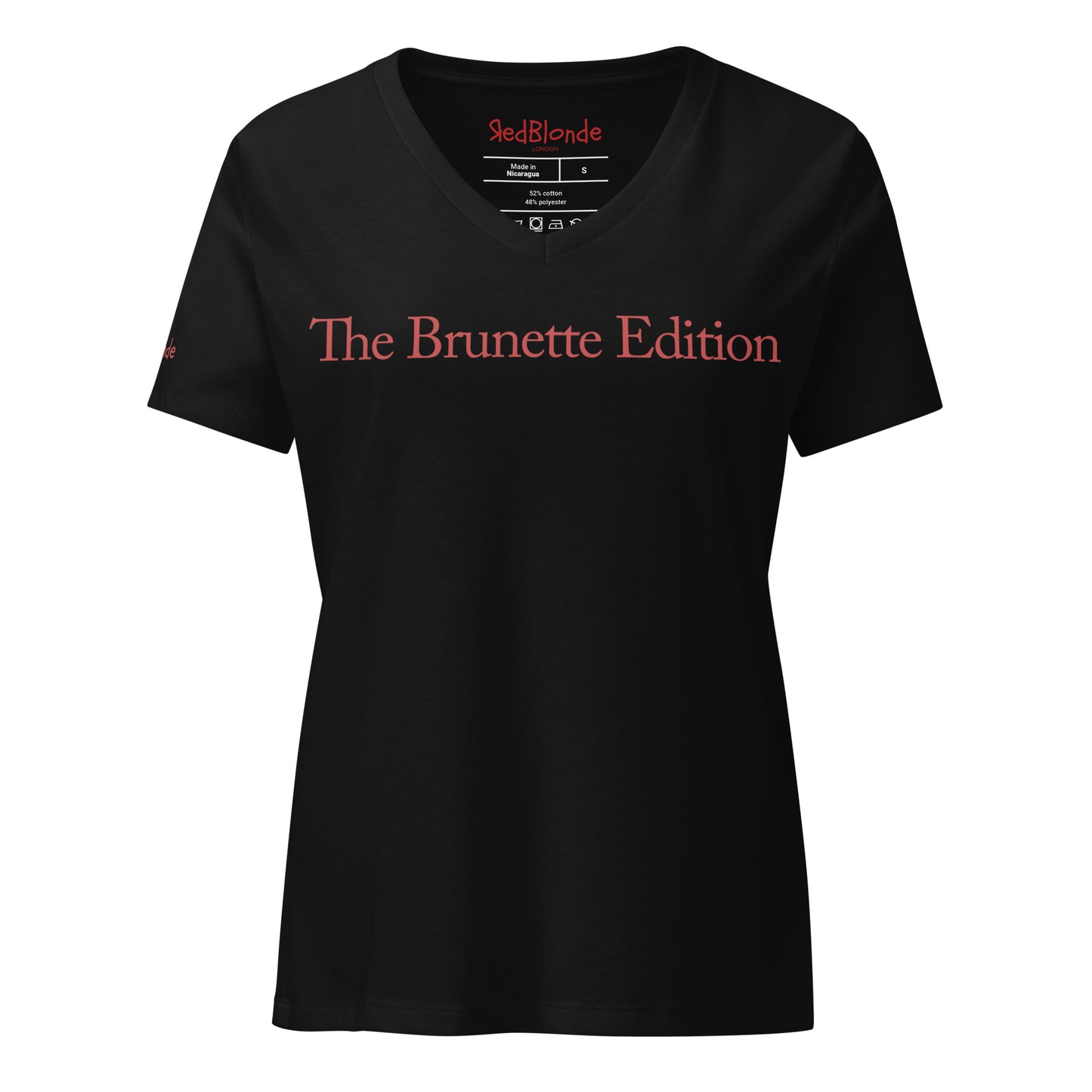 flatlay a relaxed but slightly fitted black v-neck t-shirt with the words 'The Brunette Edition' in red. Branded RedBlonde in red on the inside neck and right sleeve
