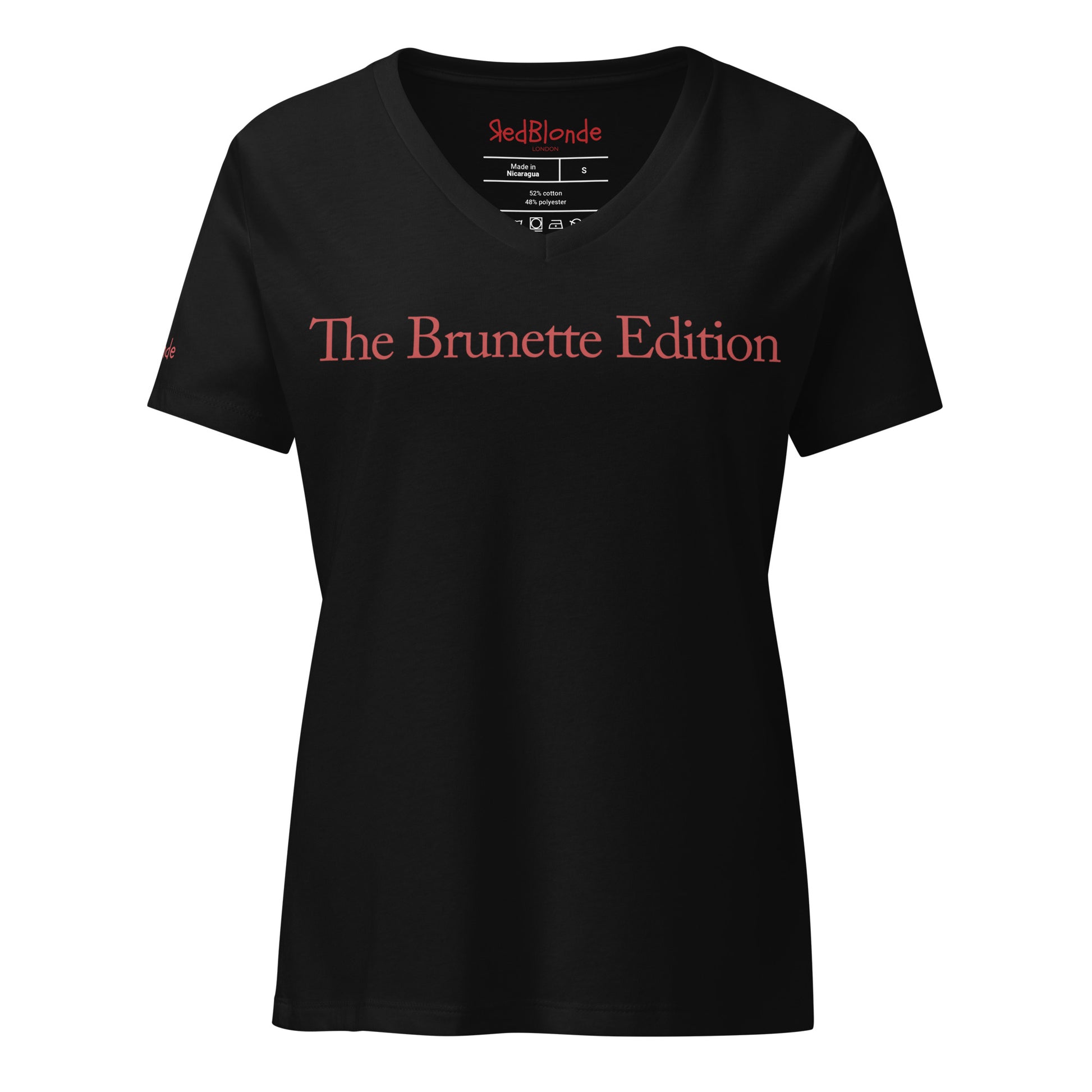 flatlay a relaxed but slightly fitted black v-neck t-shirt with the words 'The Brunette Edition' in red. Branded RedBlonde in red on the inside neck and right sleeve