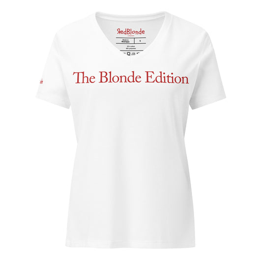 flatlay a relaxed but slightly fitted white v-neck t-shirt with the words 'The Blonde Edition' in red. Branded RedBlonde in red on the inside neck and right sleeve