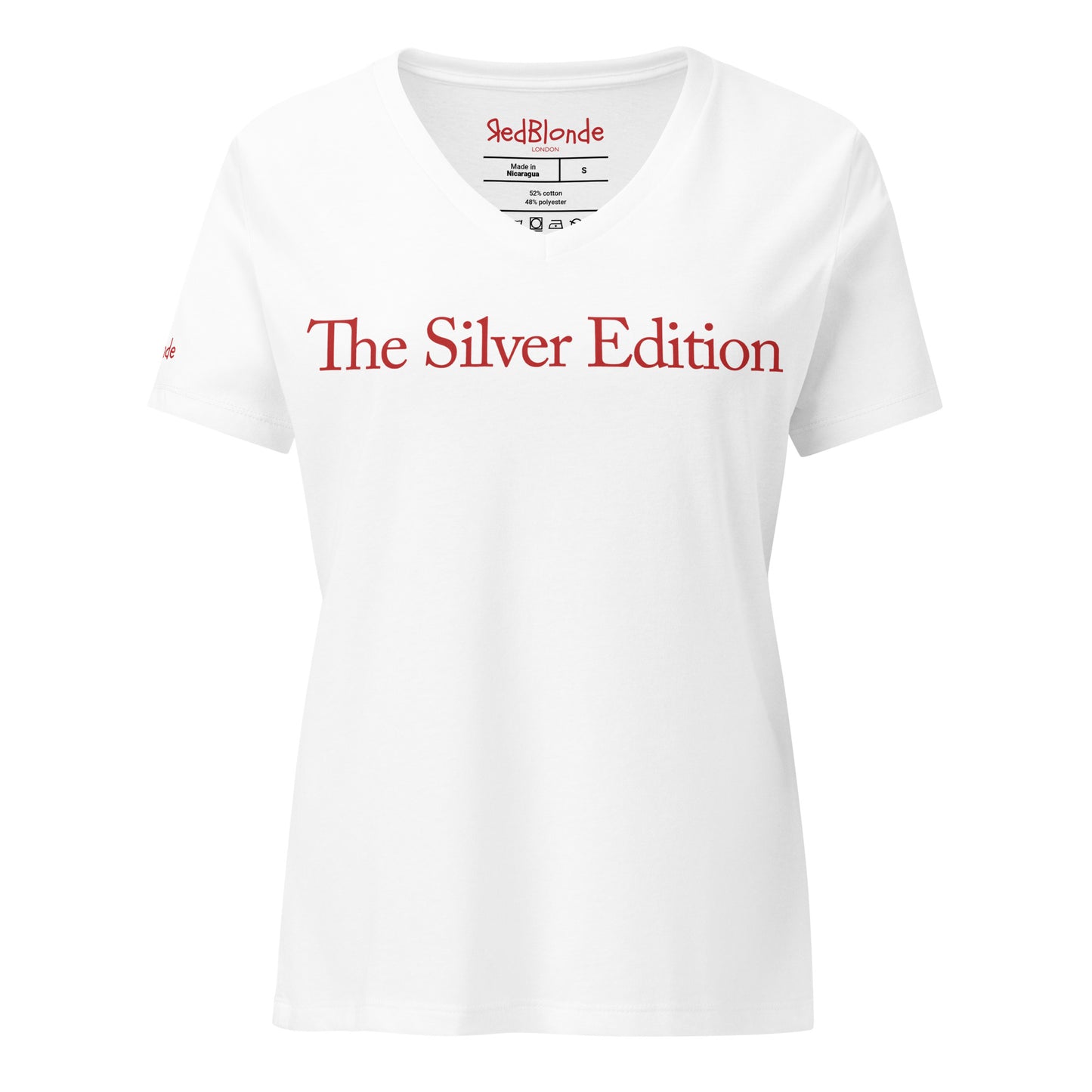flatlay a relaxed but slightly fitted white v-neck t-shirt with the words 'The Silver Edition' in red. Branded RedBlonde in red on the inside neck and right sleeve