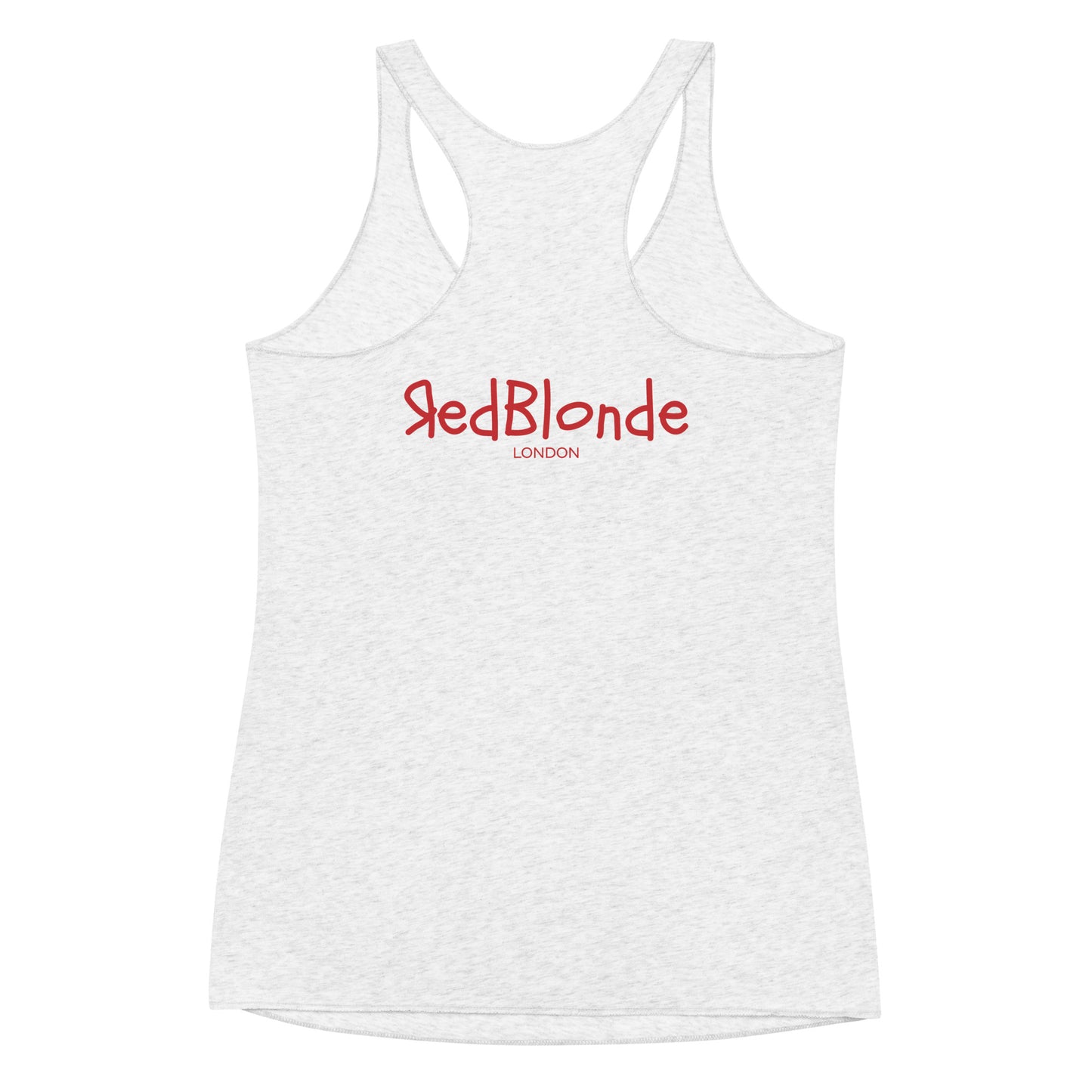 flatlay of reverse of heather white soft racerback tank t-shirt with Redblonde London branding in red 